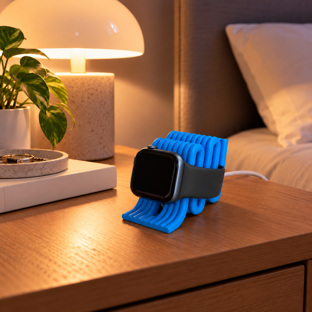 Apple Watch Charging Stand in Blue on a bedside table
