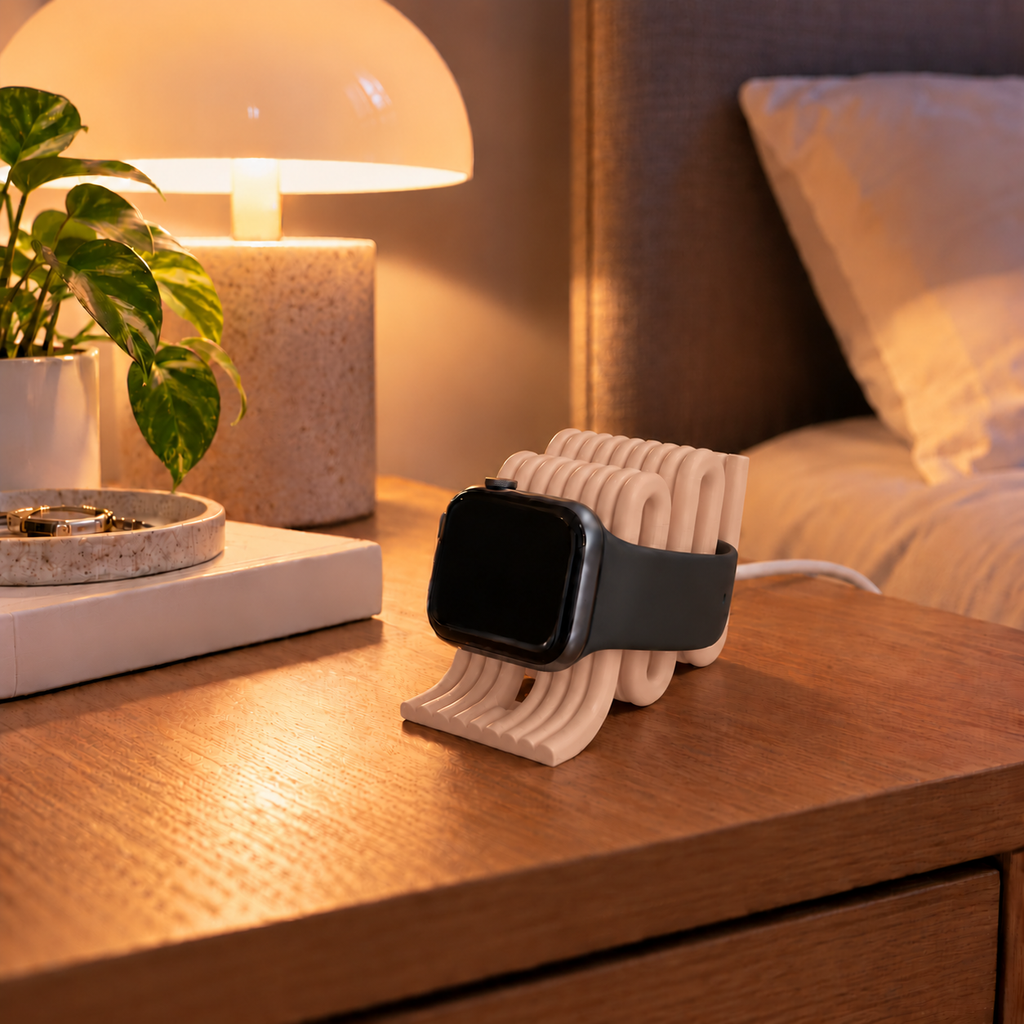 Apple Watch Charging Stand in Latte on a bedside table