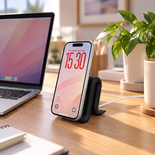 MagSafe iPhone Stand in Black holding an iPhone on a desk