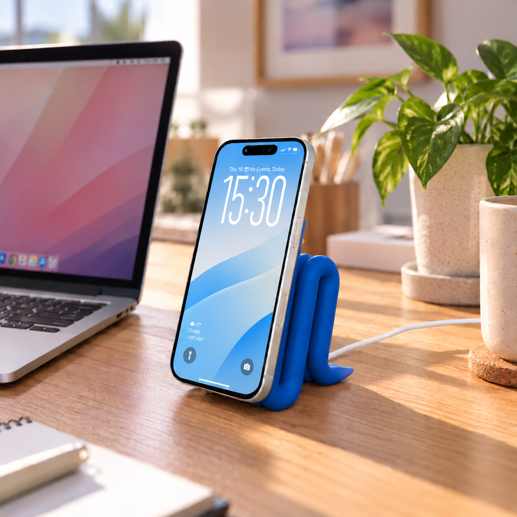 MagSafe iPhone Stand in Blue holding an iPhone on a desk