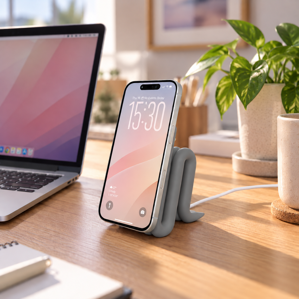 MagSafe iPhone Stand in Grey holding an iPhone on a desk