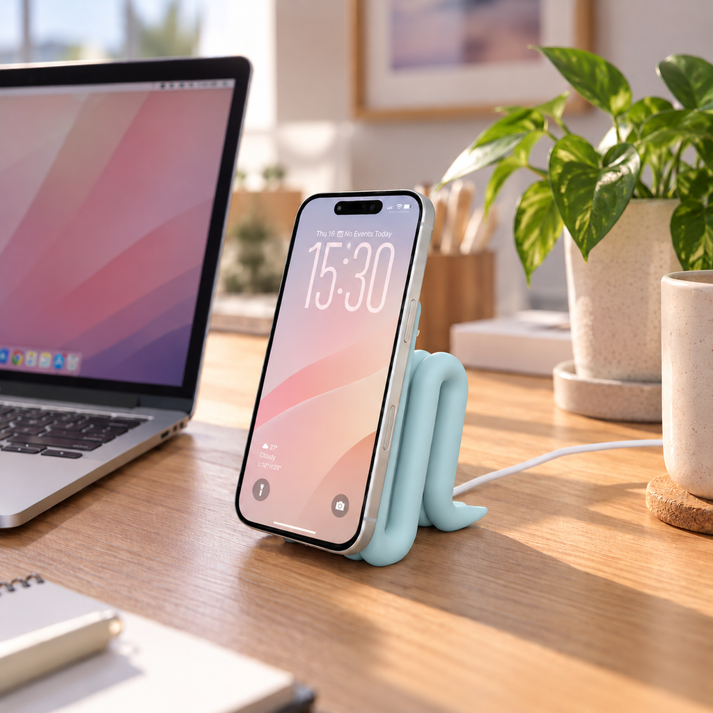 MagSafe iPhone Stand in Ice Blue holding an iPhone on a desk