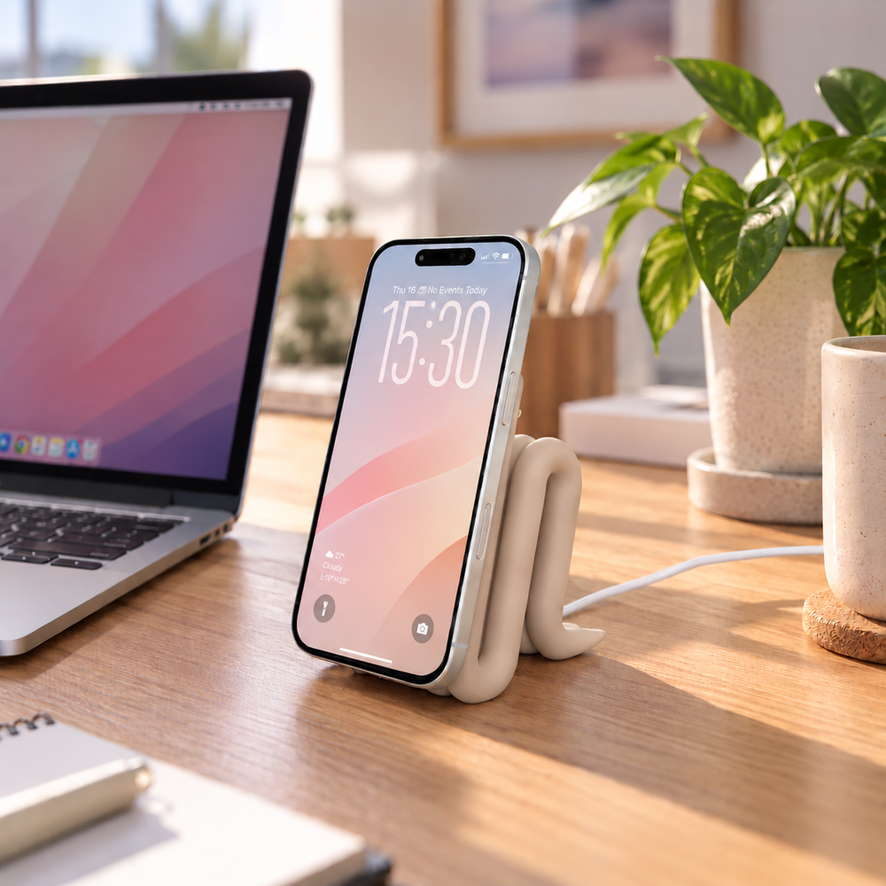 MagSafe iPhone Stand in Latte holding an iPhone on a desk