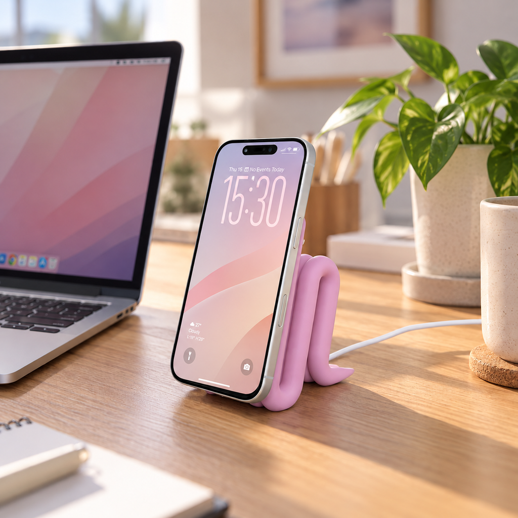 MagSafe iPhone Stand in Sakura pink holding an iPhone on a desk
